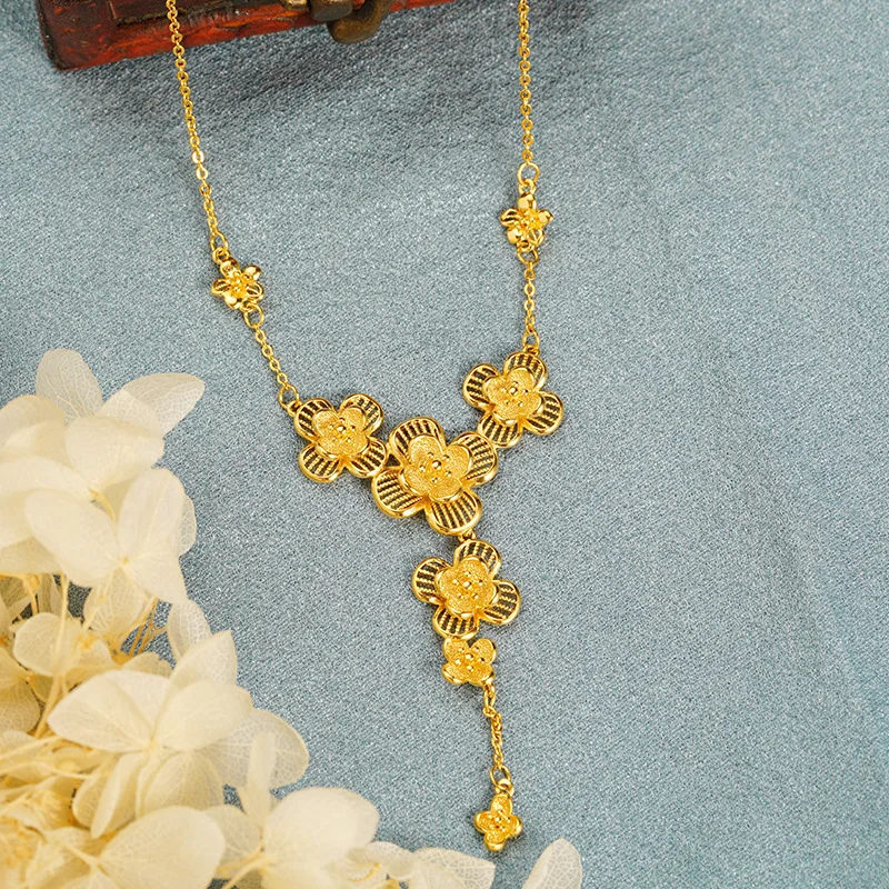 Luxury 24K 9999 Pure Gold real gold Women's Plum Blossom Snow Hollow Flower Tassel Necklace - Image 2