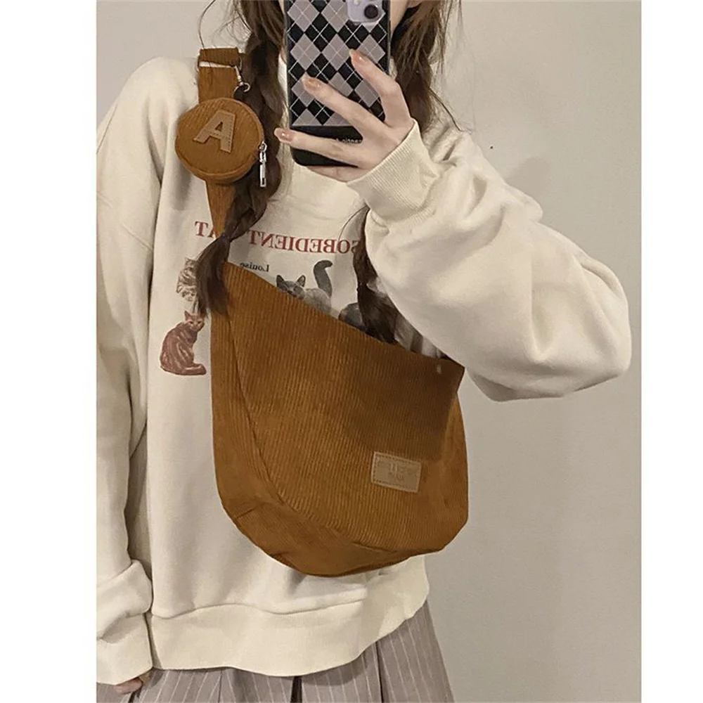 Large Capacity Corduroy Shoulder Crossbody Bag Women Leisure Armpit Bag Solid Color Versatile Dumpling Bag Fashion Messenger Bag - Image 7