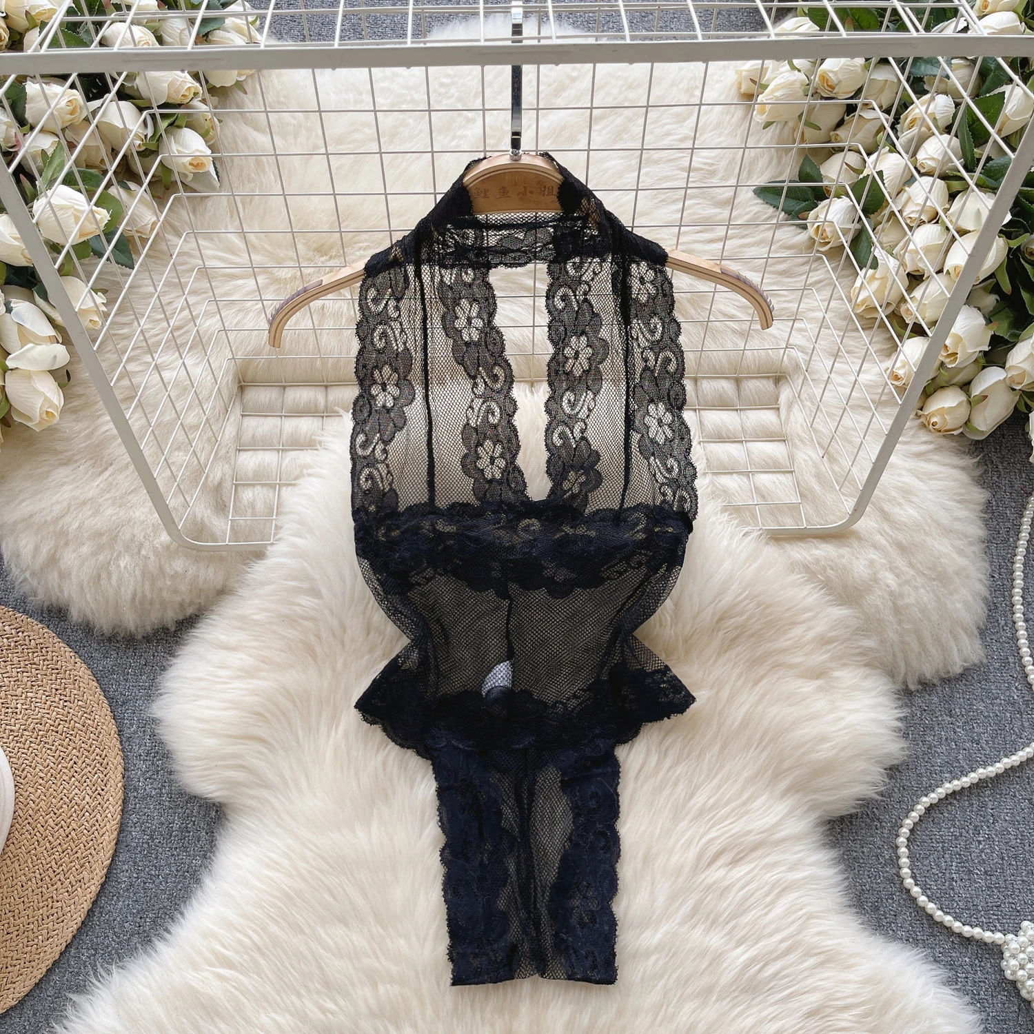 Women' Sexy Lace Camisole Slim Solid Color Sleeveless Bodysuit Erotic Lingerie V-Neck Ultra-Thin Pajamas Hollow Sheer Playsuit - Image 65