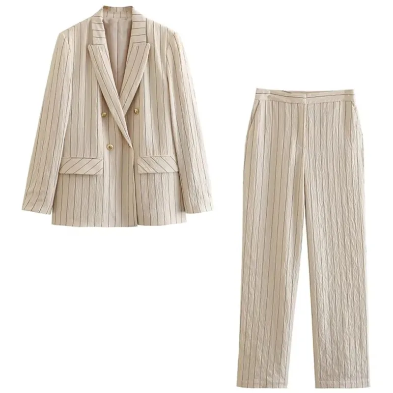 Casual Striped Blazer Coat Women Office Lady Fashion Pockets Elegant Suit Jackets 2025 New Spring Vintage Casual Loose Outerwear - Image 3
