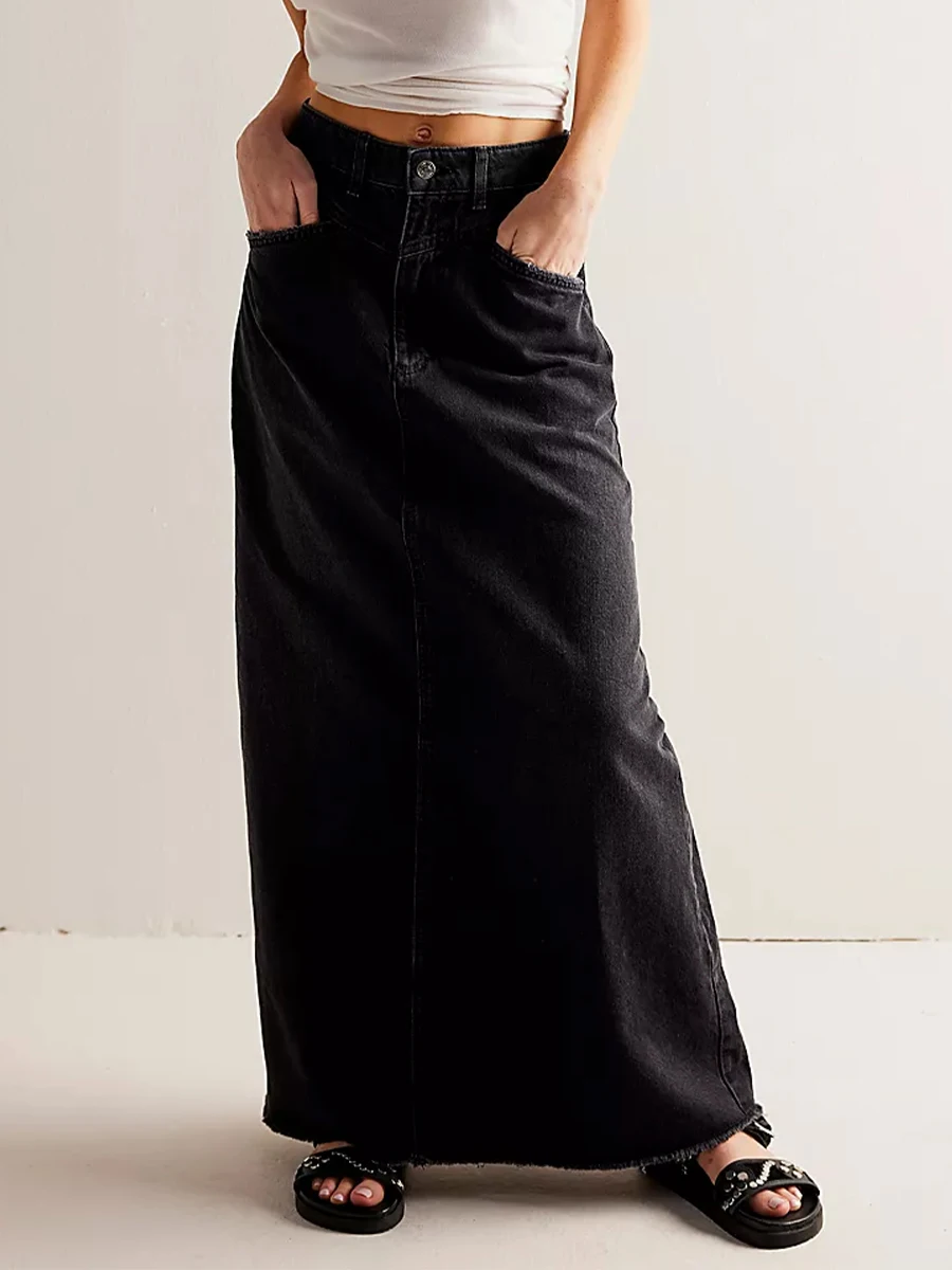 Women Y2K Vintage Denim Maxi Skirt High Waist A-Line Frayed Hem Loose Long Jean Skirt OOTD Streetwear - Image 3
