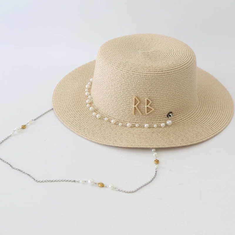 New Women Summer Hats Straw Sun Hat Panama Elegant Straw Fedoras Lady Girl Outdoor Vacation with Pearl Chain Sunshade Beach Hat - Image 9
