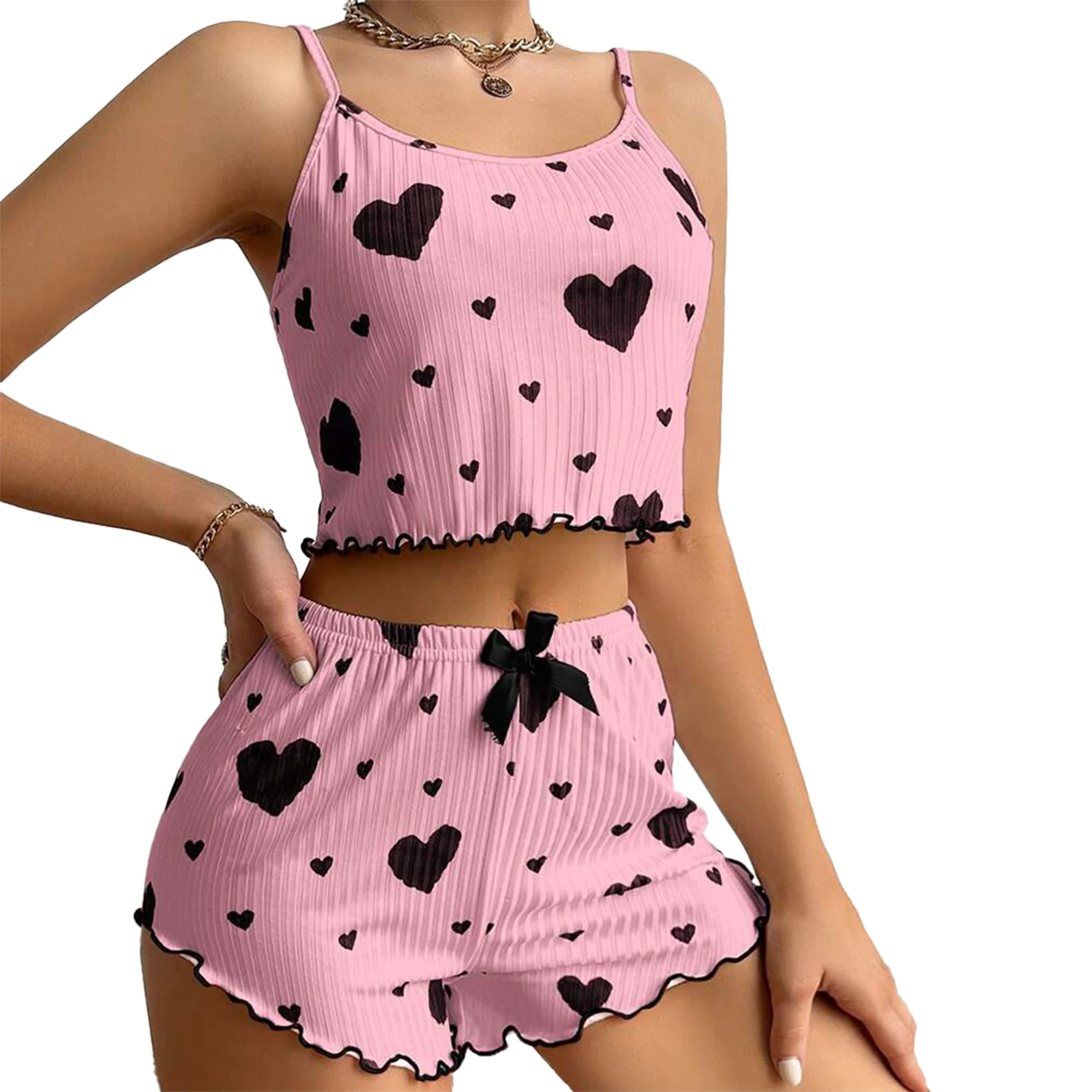 Women's Pajamas Set Summer 2PCS Sling Vest with Shorts 2026 Newly Love Heart Print Spaghetti Strap Camisole Sleepwear for Girls - Image 10