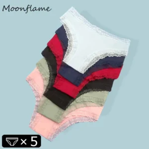 Moonflame 5 PCS Women's Pantie Female Lingerie Solid Color Sexy Lace Cotton Briefs Woman Panties