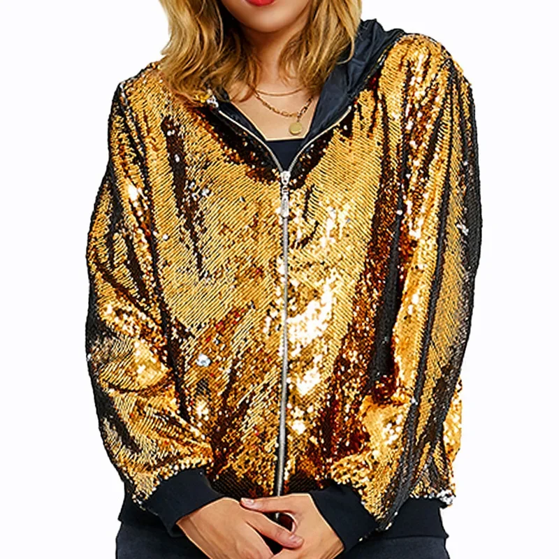 2025 New Europe and USA Party Flip Color Sequined Jackets for Women, Fashion Casual Shiny Loose Concert Hooded Baseball Jackets - Image 24