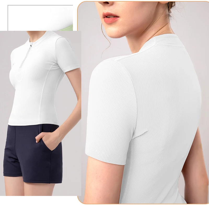 Aiithuug Women Slim Fit Gym Shirts Half Zip Workout Tops Quarter Zip Fitness Shirt Running Quicky Dry Short Sleeve Yoga Tops - Image 5