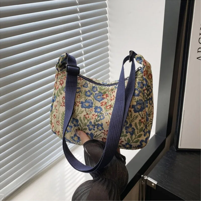 Fashion Vintage Winter New Women Lady Bag Versatile Literary Prints Cloth Crescent Pack Texture Temperament Crossbody Shoulder - Image 4
