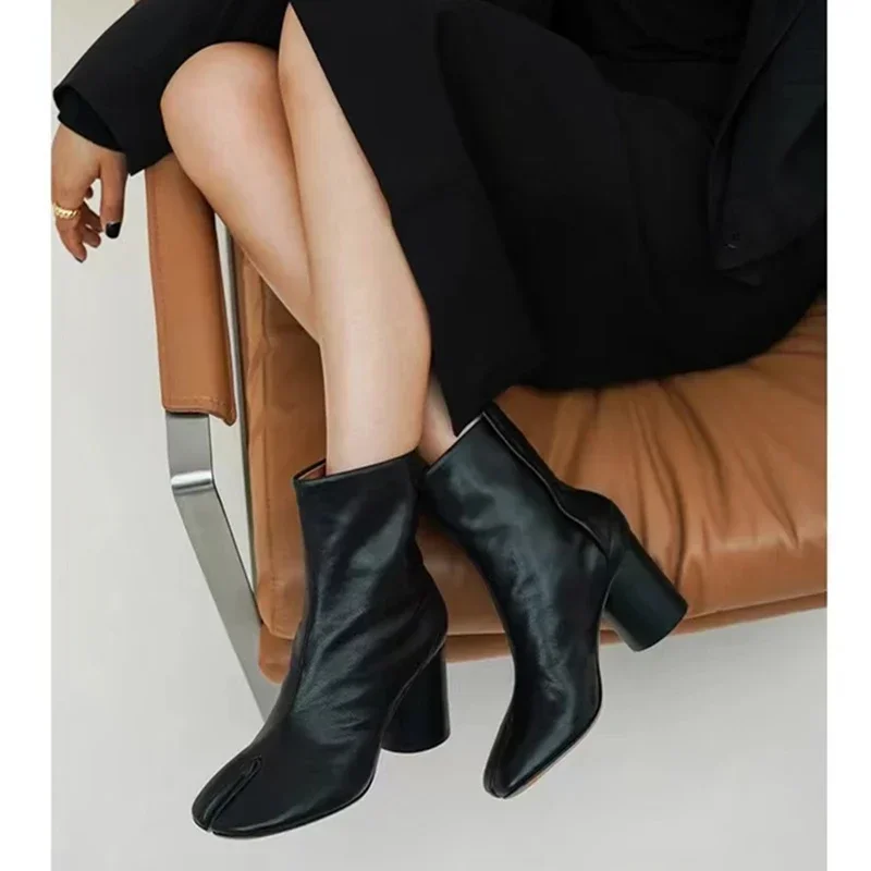 2024 Autumn Winter Soft Leather Split toe Tabi Women Ankle Boots Fashion Thick High heels Chunky Shoes Ins Style Short Booties - Image 6