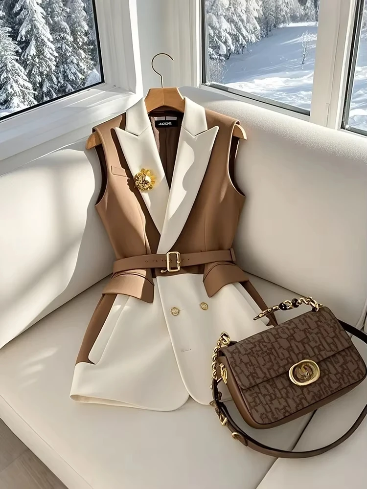 France Fashion Office Lady Coffee Blazers Vest Summer Korean Sleeveless Jackets with Belt Women Temperament Formal Slim Fit - Image 4