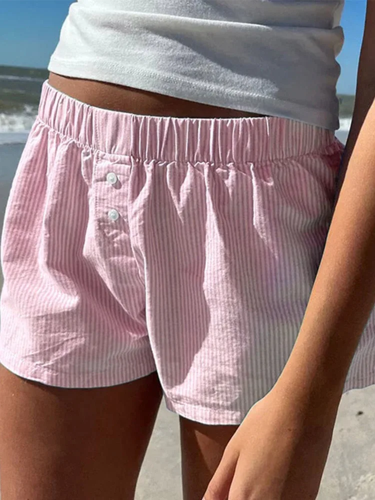 Striped Print Casual Shorts for Women Elastic Waist Fashion Button Bottoms Streetwear Chic Basic Y2K Loose Shorts - Image 4