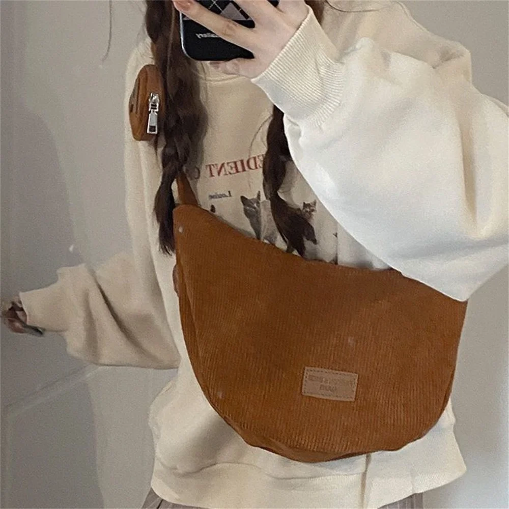 Large Capacity Corduroy Shoulder Crossbody Bag Women Leisure Armpit Bag Solid Color Versatile Dumpling Bag Fashion Messenger Bag - Image 5