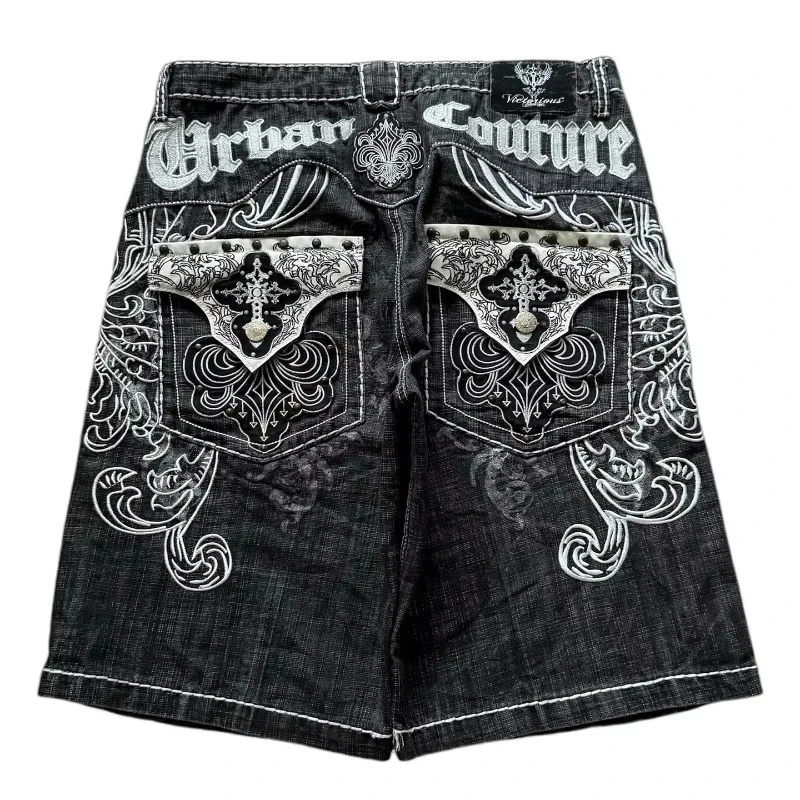American New Fashion Popular Oversized Print Patch Casual Denim Shorts Women Y2k Gothic Hip Hop Joker Couple Shorts Streetwear - Image 5