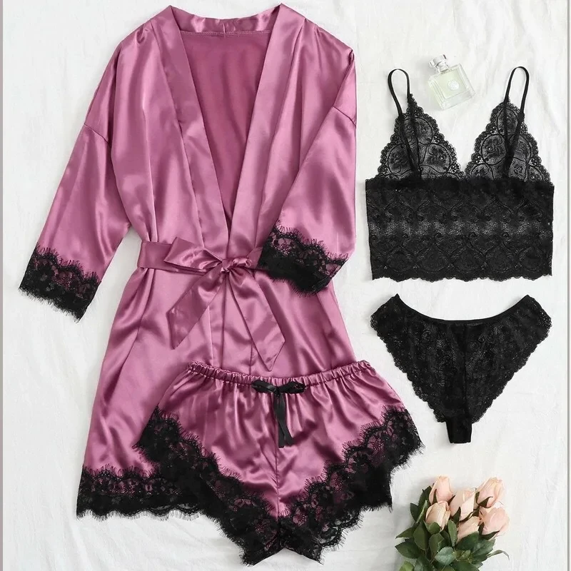Women's Fashion Pajama Print Sexy Lace Trim Faux Silk Satin Pajama Set Gown Skin Friendly Comfort Loungewear Sexy Pajamas - Image 2