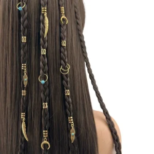31 Pcs Hair Braids Retro Gold Leaves Moon Blue Beads Hair Dreadlock Hair Rings Decorations Styling Tools Women