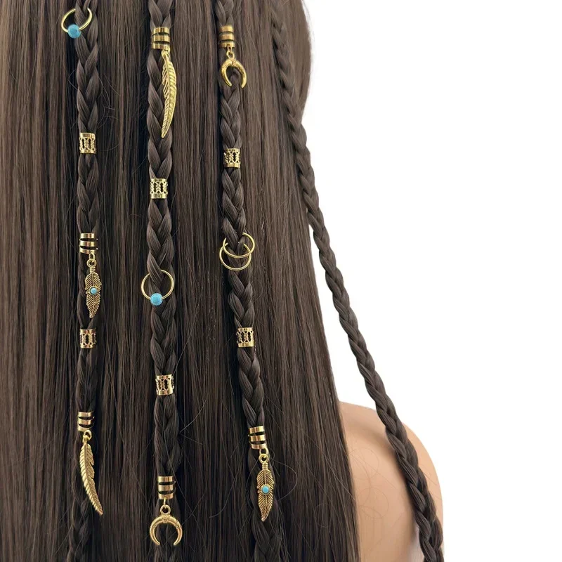 31 Pcs Hair Braids Retro Gold Leaves Moon Blue Beads Hair Dreadlock Hair Rings Decorations Styling Tools Women