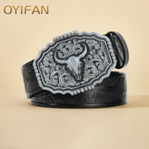 Women's Cowboy Belt Western Leather Buckle Belts Cowboy Longhorn Bull Pattern Buckle Belt Floral Engraved Buckle Belt for Men