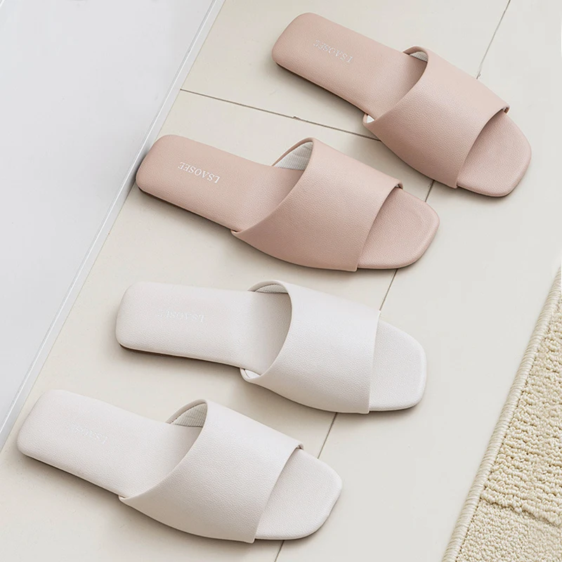 Spring and summer new PU leather slippers for home flooring, men's and women's non slip breathable bathroom slippers - Image 3