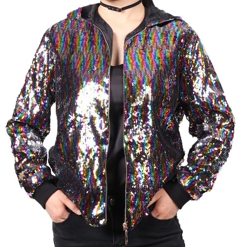 2025 New Europe and USA Party Flip Color Sequined Jackets for Women, Fashion Casual Shiny Loose Concert Hooded Baseball Jackets - Image 10