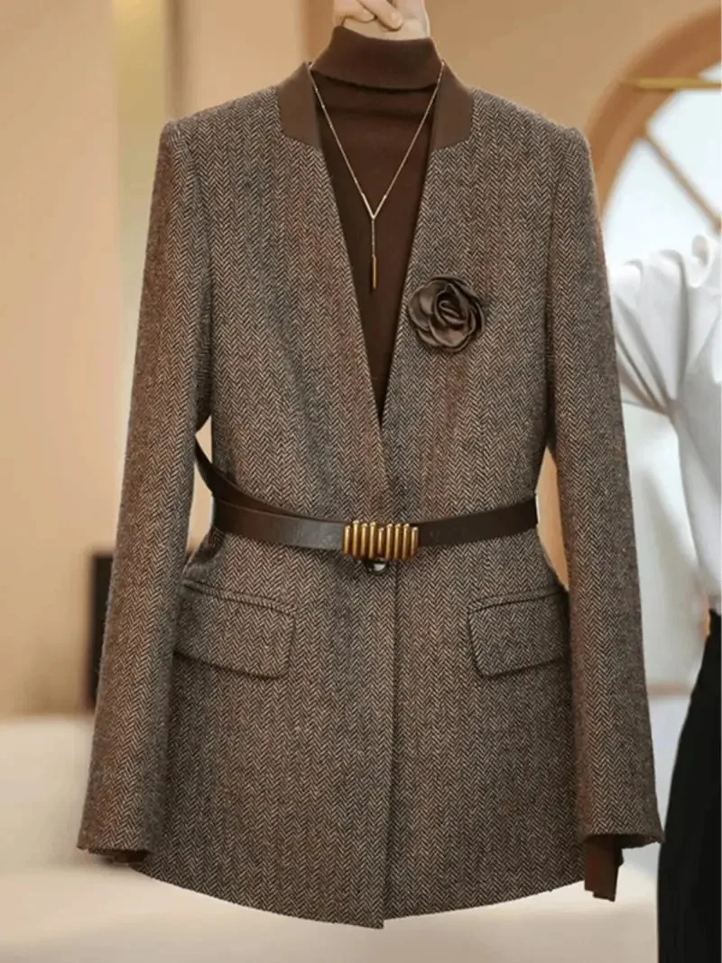 Plus Size 4XL High Quality Coffee colored Suit Jacket For Women Spring Outwear Fashion Simple Wool Coat Autumn Blazer With Belt - Image 5