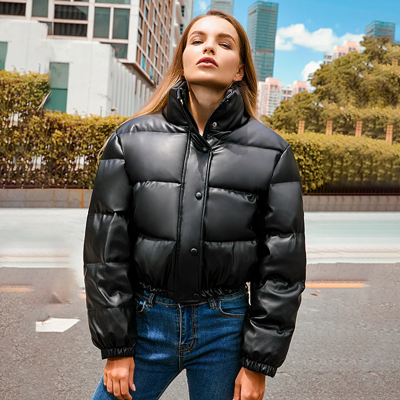Winter Thick Warm Cropped Puffer Jacket Women Black PU Leather Parkas Elegant Zipper Coat Cotton Padded Punk Outwear 2023 - Image 2