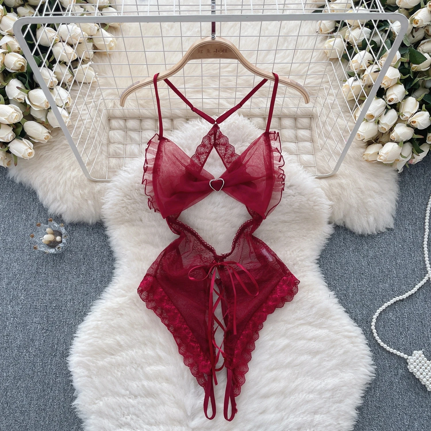 Women' Sexy Lace Camisole Slim Solid Color Sleeveless Bodysuit Erotic Lingerie V-Neck Ultra-Thin Pajamas Hollow Sheer Playsuit - Image 33