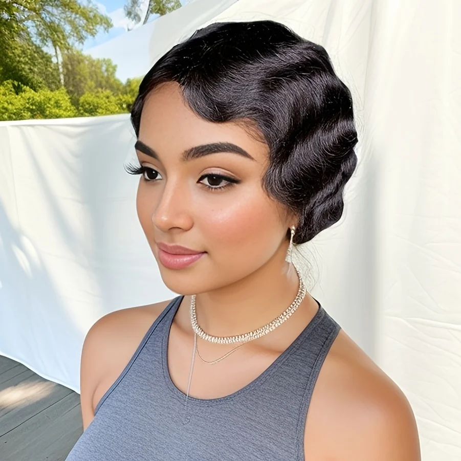 Short Finger Wave Wig Brazilian Human Hair Wig For Women Short Water Wave Deep Wave Wig Pixie Cut Wigs For Daily And Party Use - Image 5