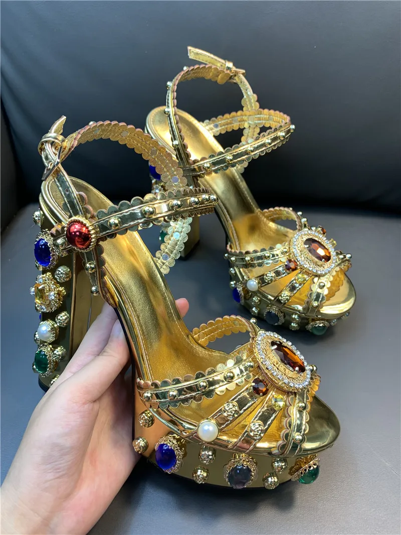 Women Chunky High Heels Shoes Platform Sandals For Women Rhinestone Metallic Gold Leather Shoes Woman Peep Toe Wedding Shoes - Image 7