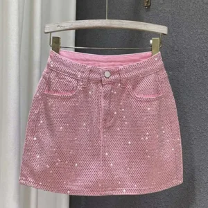 DEAT Personality Hot Diamond Splice Denim Skirt Women's High Waist Solid Color Slim Wrap Hip Skirts Female 2024 Summer 11XX2061