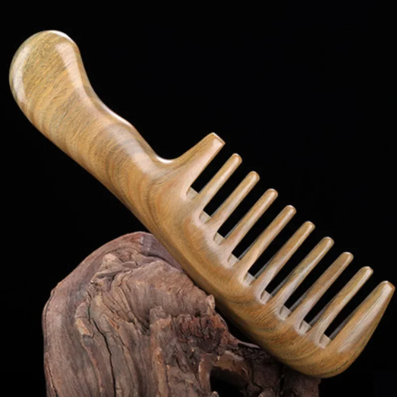 19cm Natural Green Sandalwood Comb Long Handle Electrostatic Wooden Comb for Curly & Straight Hair Anti-static Hairdressing Tool - Image 8