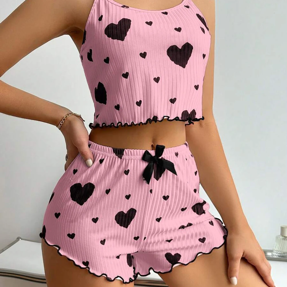 Women's Pajamas Set Summer 2PCS Sling Vest with Shorts 2026 Newly Love Heart Print Spaghetti Strap Camisole Sleepwear for Girls - Image 2