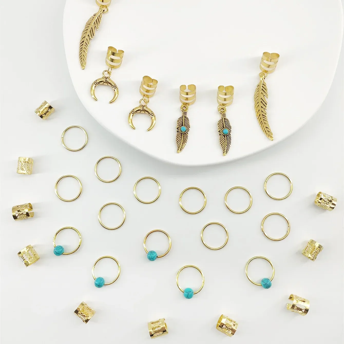 31 Pcs Hair Braids Retro Gold Leaves Moon Blue Beads Hair Dreadlock Hair Rings Decorations Styling Tools Women - Image 5