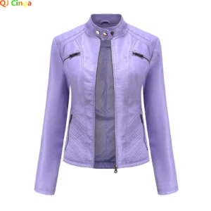 Lavender Purple Long Sleeve PU Jacket Women's Fashion Motorcycle Leather Jacket Red and Black Coat Women Outerwear