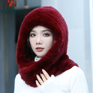 2025 Hot Sale New Women Real Knitted Rex Rabbit Fur Hat Hooded Scarf Long Winter Warm Fur Hat With Neck Collar Scarves Hat Scarf