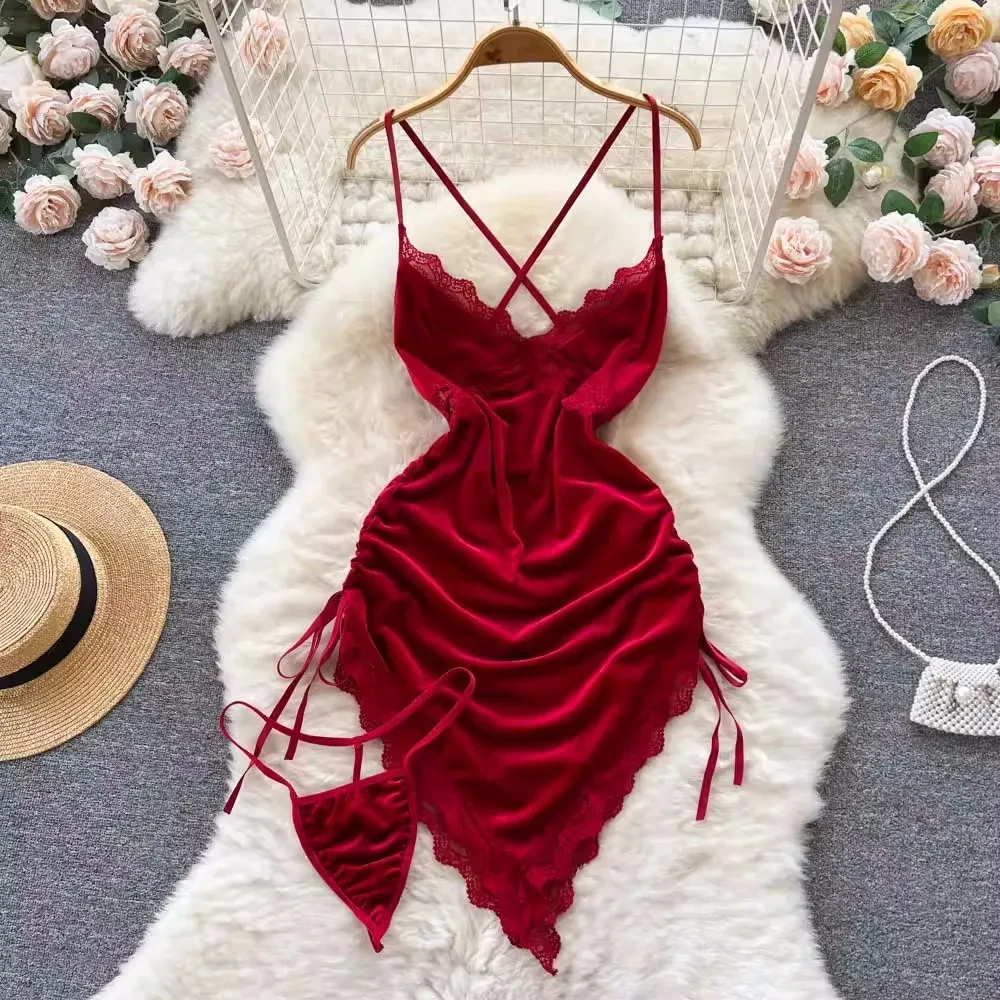 Women' Sexy Lace Camisole Slim Solid Color Sleeveless Bodysuit Erotic Lingerie V-Neck Ultra-Thin Pajamas Hollow Sheer Playsuit - Image 52