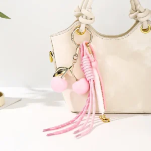 New In Pink Cherry Bag Charm Braided Rope Woman Fashionable Keychains For Bags Pendant Accessories Gift