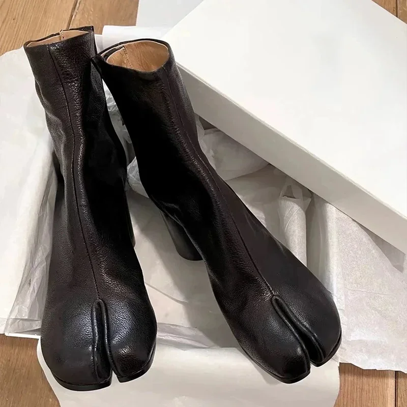 2024 Autumn Winter Soft Leather Split toe Tabi Women Ankle Boots Fashion Thick High heels Chunky Shoes Ins Style Short Booties - Image 2