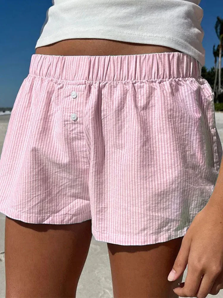 Striped Print Casual Shorts for Women Elastic Waist Fashion Button Bottoms Streetwear Chic Basic Y2K Loose Shorts - Image 2