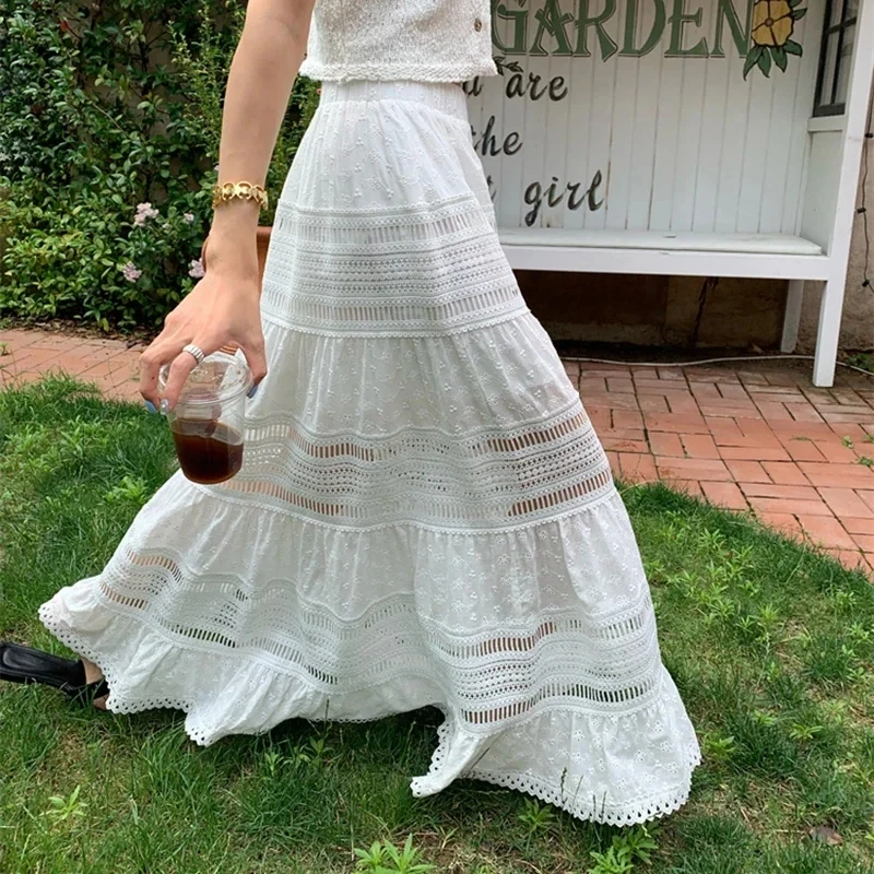 Embroidery Eyelet Cut-out Maxi Skirt White Cotton Semi Sheer Flowy Long Skirt Women Boho Summer Vacation Fairycore Outfit - Image 7