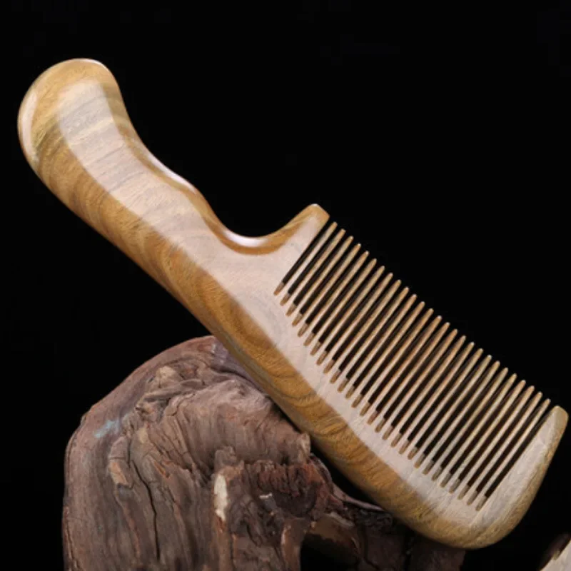 19cm Natural Green Sandalwood Comb Long Handle Electrostatic Wooden Comb for Curly & Straight Hair Anti-static Hairdressing Tool - Image 7