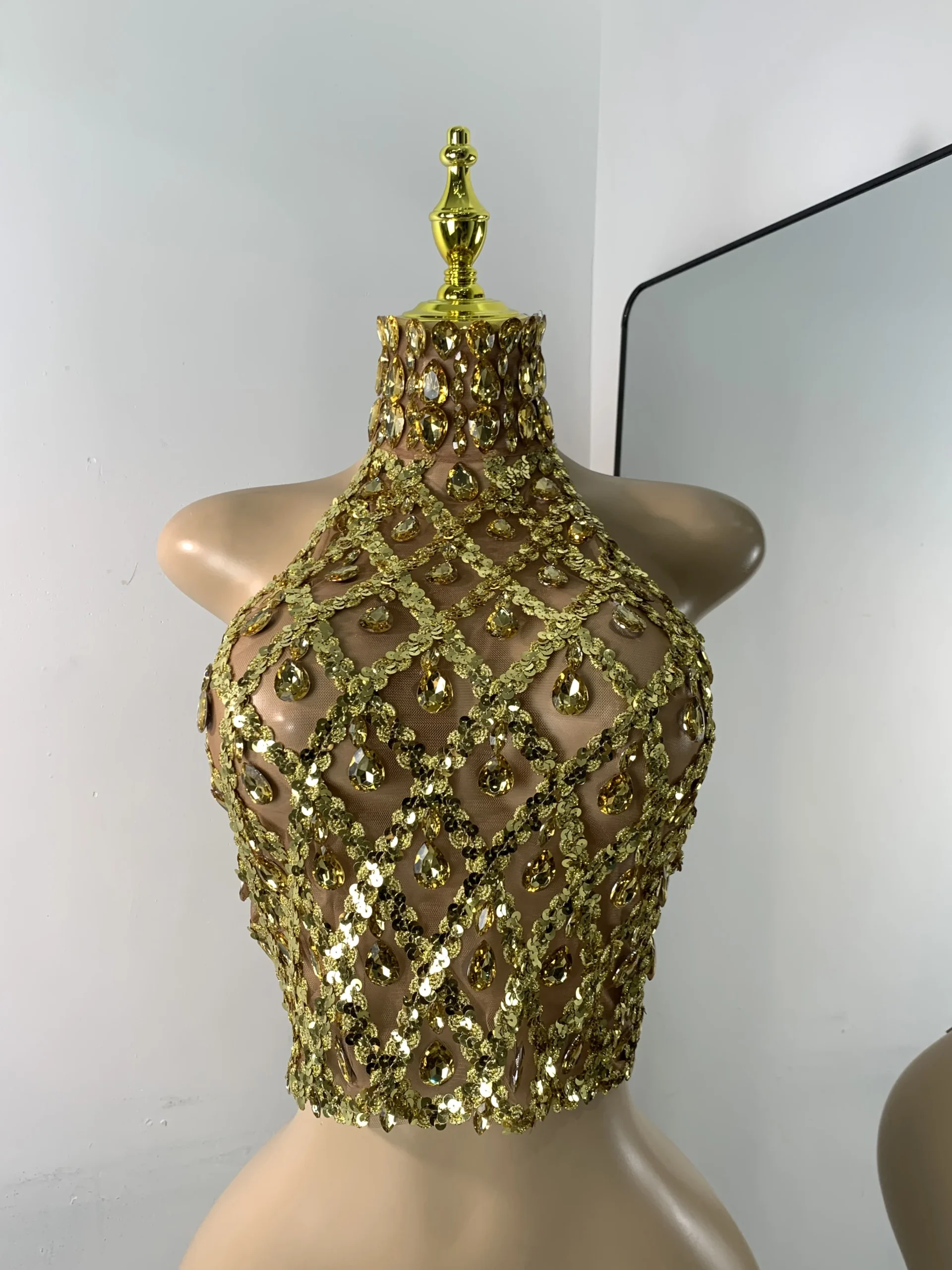Women Sexy High Neck Backless Designer Summer Tops Sparkly Diamonds Gold Nightclub See Through Camis Party Crop Top