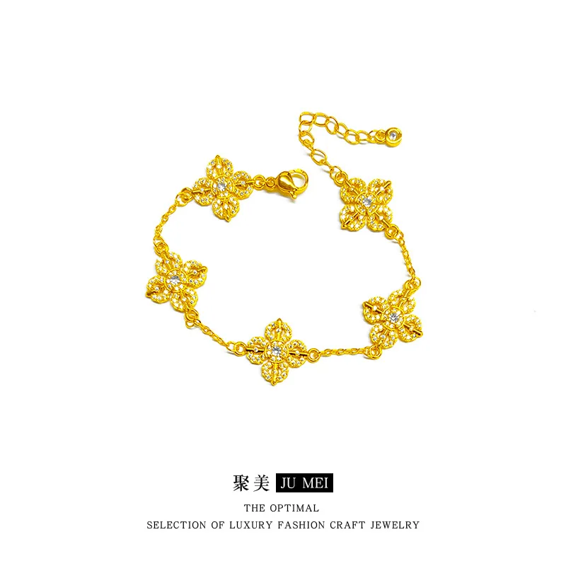 9999 24K real gold new Chinese style full diamond five-flower cross vajra bracelet women four-leaf clover bracelet - Image 5