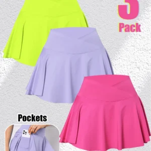 3Pack Dopamine Pockets Tennis Skirts for Women Fitness Skinny Pleated Skirt Outdoors Corset Pockets Shorts High V Waist