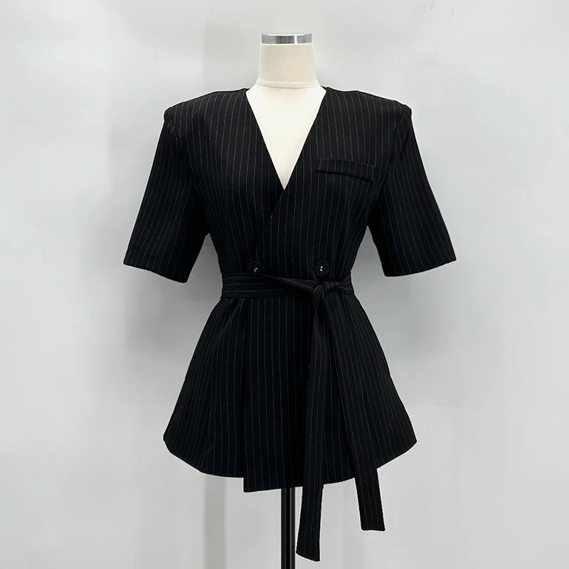 Elegant Striped Blazer Women Fashion Black Lace Up Suit Jackets Korean V Neck Outerwears Summer Office Ladies Short Sleeve Coats - Image 7