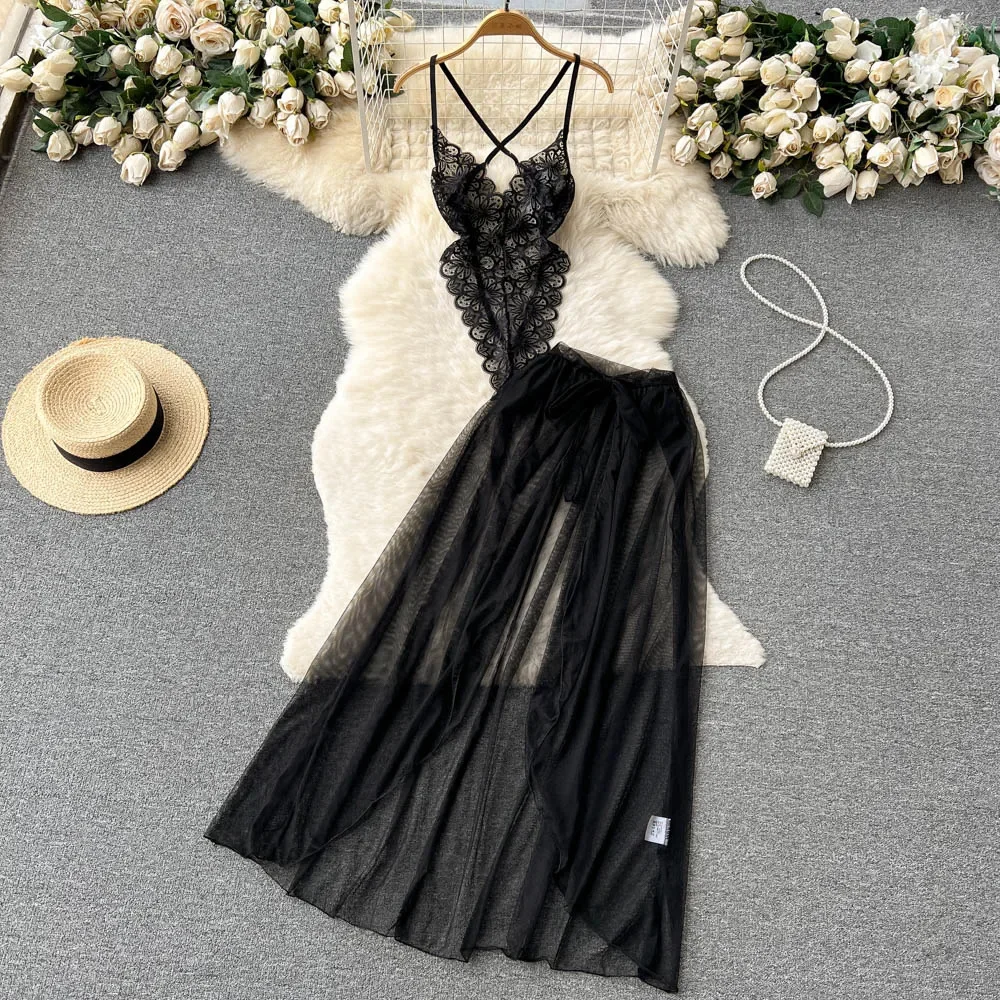 Women' Sexy Lace Camisole Slim Solid Color Sleeveless Bodysuit Erotic Lingerie V-Neck Ultra-Thin Pajamas Hollow Sheer Playsuit - Image 54