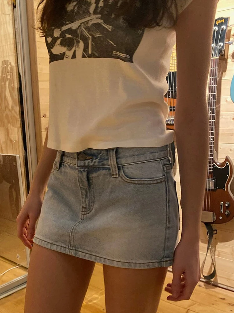 Vintage Blue Low Waist Denim Skirts Casual Chic Pockets A-line Summer Mini Skirts Women Y2k Streetwear Harajuku Slim Faldas 2023 - Image 2