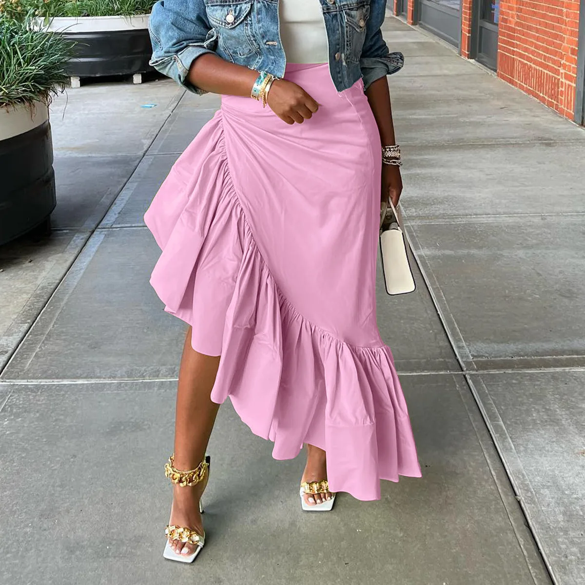 CM.YAYA Women Ruffles Hem Asymmetrical High Waist Maxi Long Skirt 2022 Autumn Winter Streetwear INS Fashion Skirts - Image 7