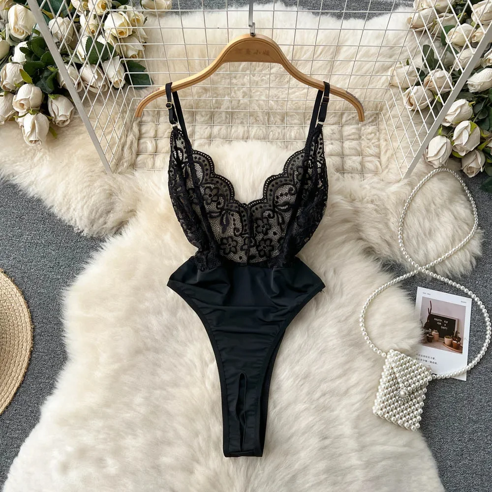 Women' Sexy Lace Camisole Slim Solid Color Sleeveless Bodysuit Erotic Lingerie V-Neck Ultra-Thin Pajamas Hollow Sheer Playsuit - Image 45