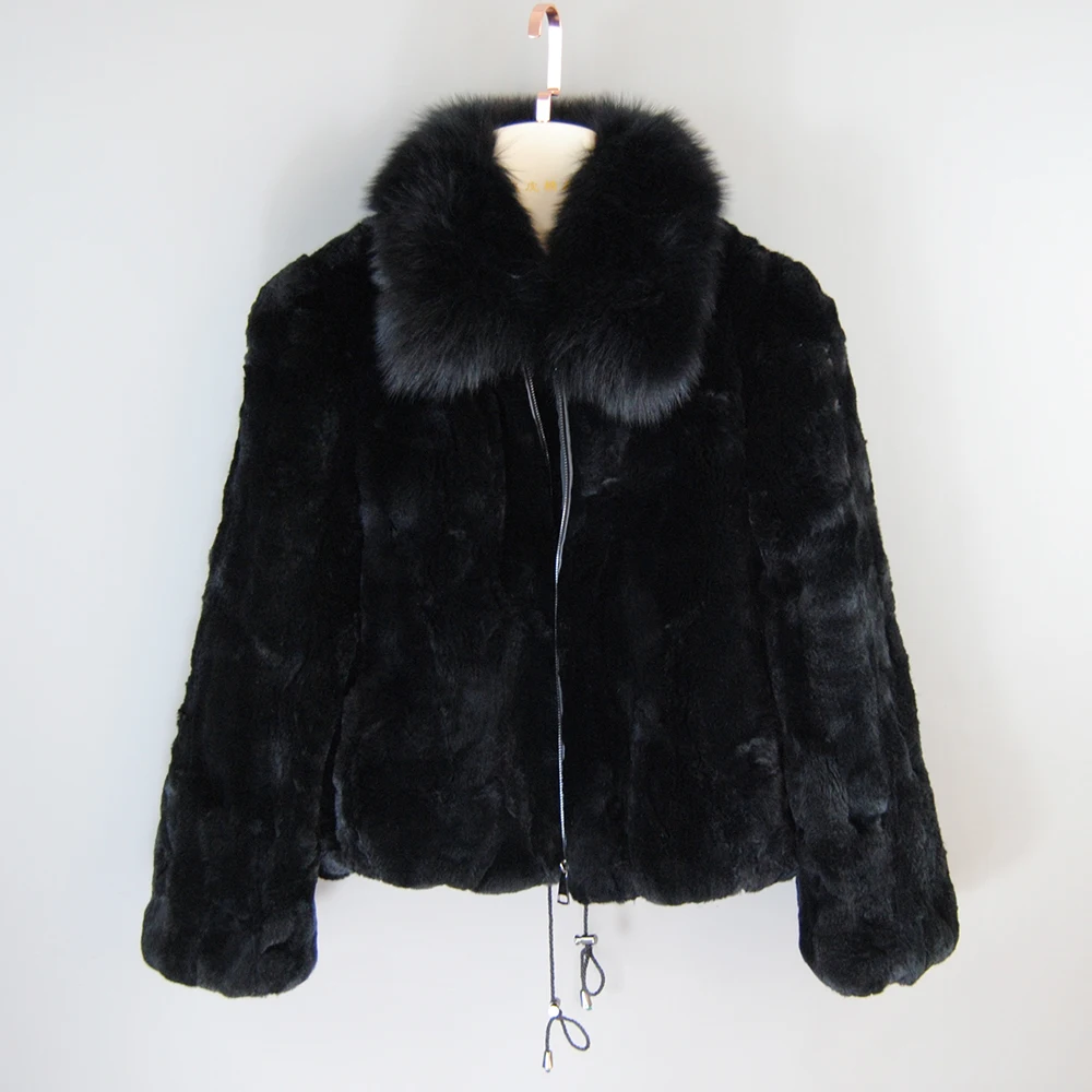 New Style Women Winter Warm Soft Quality Real Rex Rabbit Fur Coat Rex Rabbit Fur Short Jacket Big Real Fox Fur Collar Overcoat - Image 7