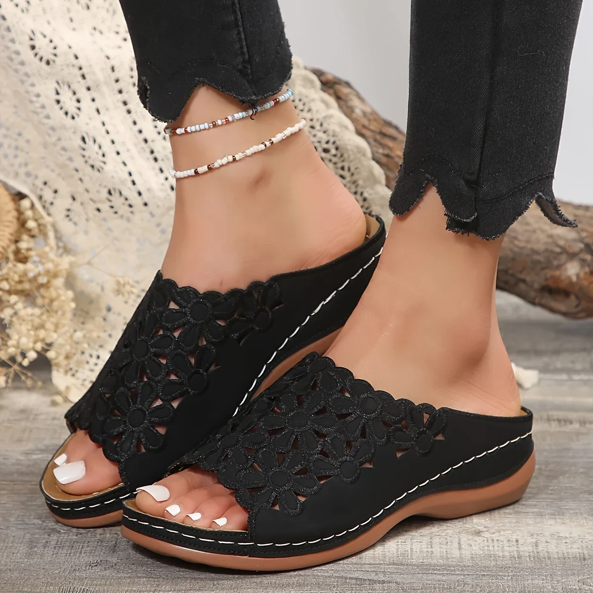 Women's Elegant Floral Comfort Sandals – Hollow-Cut Stylish Wedge Design Versatile Slides for Casual & Beach Wear - Image 3