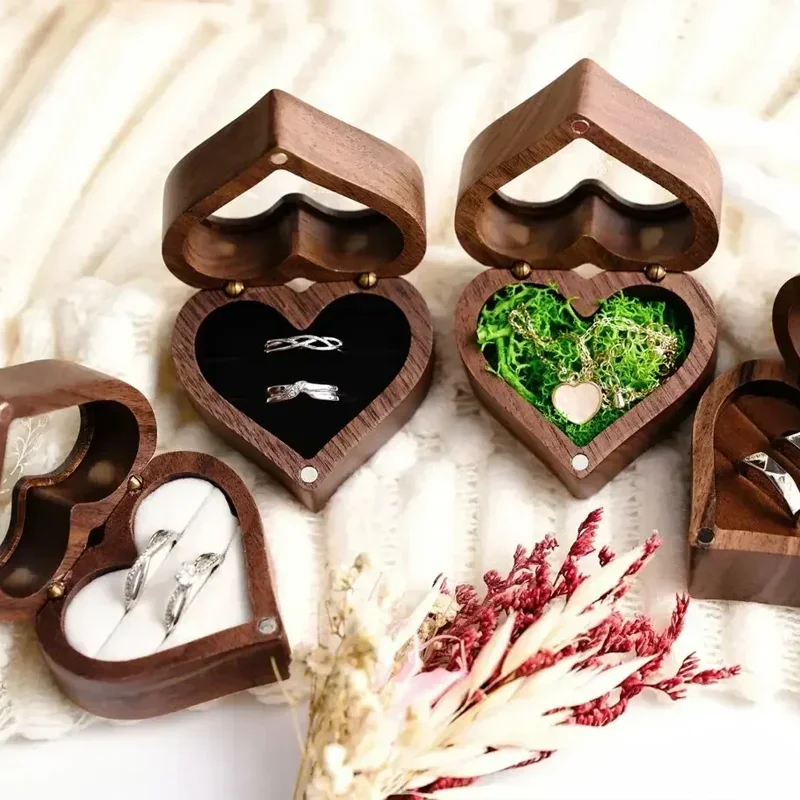 1PCS Free Engraving Custom Love Heart Shaped Walnut Wood Ring Box for Wedding Ceremony Jewelry Box Storage Proposal Wedding Gift - Image 4